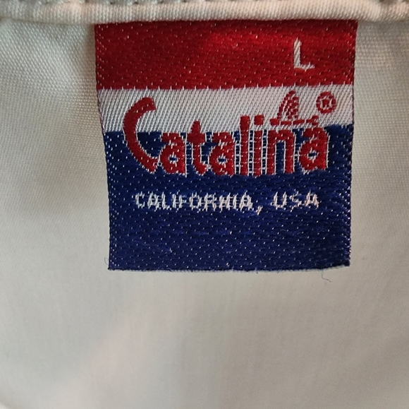 VINTAGE Catalina California White Black Stripe Zip Short Sleeve Beach Swim Shirt - Picture 3 of 6